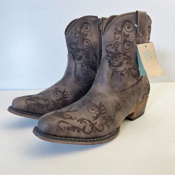 ROPERS Women’s Shorty Boot Vintage Brown Faux Leather Laser Western Design - Picture 2 of 13